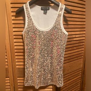Chances R. Gold Sequins Front White Ribbed Tank Top